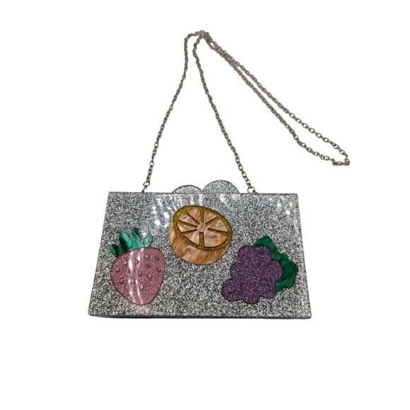 BARI LYNN Fruit Box Clutch Bag Chain Strap Acrylic Hard Sided Glitter - Picture 3 of 12